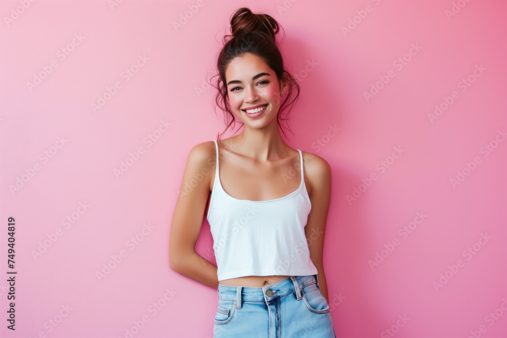 Joyful young woman in casual white tank top and jeans against a bright pink background Joyful young woman in casual white tank top and jeans against a bright pink background