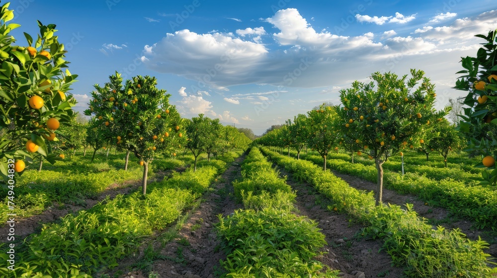 a scenic lemon orchard landscape with rows of Citrus x limon trees.