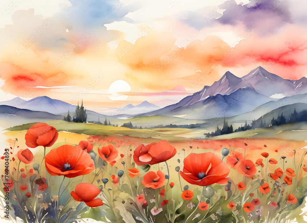 A typical Tuscany landscape with poppy flowers