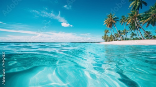 Tropical paradise. palm trees, serene lagoon, and clear blue waters on relaxing island beach