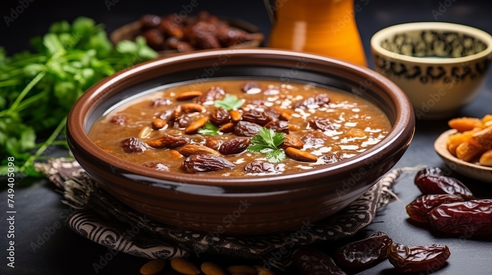 Bowl of Moroccan harira soup,chebakia, dates for iftar Bowl of Moroccan harira soup,chebakia, dates for iftar