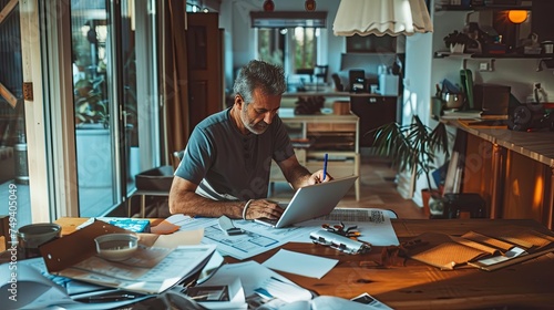 a builder sitting in his modern dining room with house plans and documents scattered everywhere