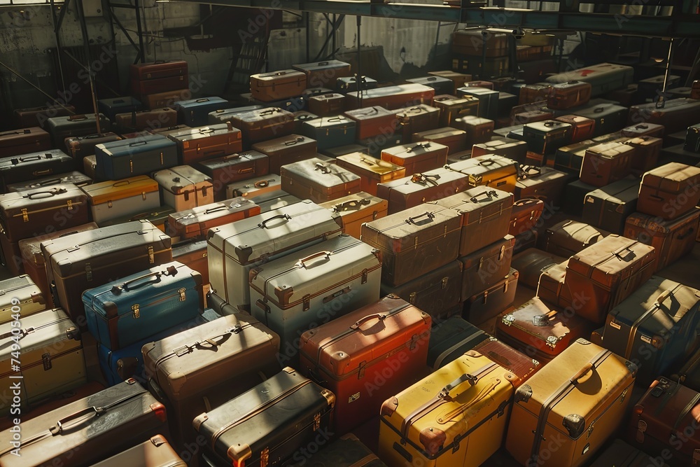 Spacious room densely packed with numerous suitcases of various sizes and colors. The suitcases are stacked on top of each other. Generative AI Spacious room densely packed with numerous suitcases of various sizes and colors. The suitcases are stacked on top of each other. Generative AI
