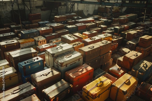 Spacious room densely packed with numerous suitcases of various sizes and colors. The suitcases are stacked on top of each other. Generative AI