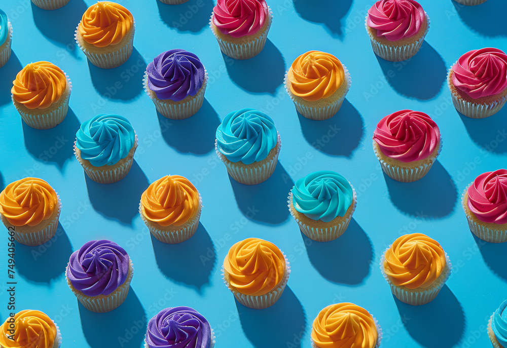 colorful cupcakes on a blue background, in the style of contemporary candy-coated, vibrant stage backdrops, aerial view, teal and sky-blue colorful cupcakes on a blue background, in the style of contemporary candy-coated, vibrant stage backdrops, aerial view, teal and sky-blue