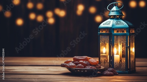 Dates, arabian lantern and rosary. Islamic holidays concept. Ramadan decoration. Retro style toned picture