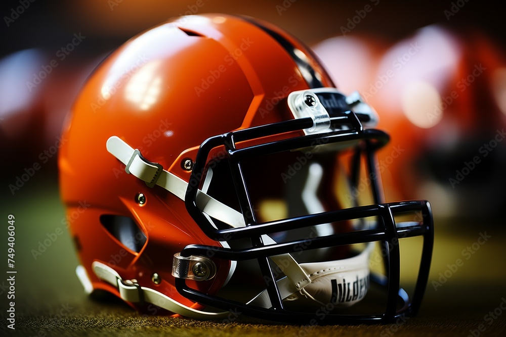 a scene with a football field, two american football helmets, and blurry stadium lights in the background a scene with a football field, two american football helmets, and blurry stadium lights in the background