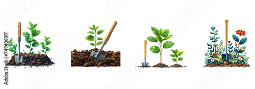 Garden hoe, soil cultivation, gardening equipment clipart vector illustration set