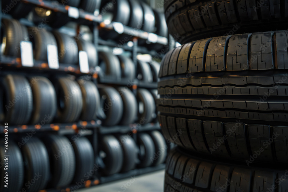 Car tires on store shelves, tire sales, tire store banner