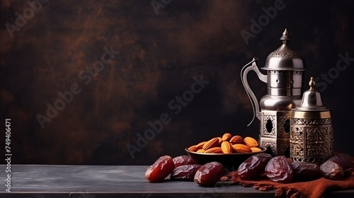 Eid mubarak with arabic coffee pot and dates. Dried dates and coffee on a dark background. Ramadan, Eid concept photo