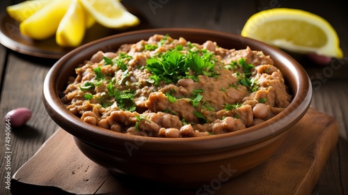 Fava beans dip, traditional egyptian, middle eastern food foul medames photo