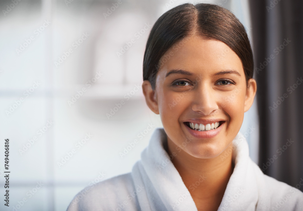 Salon, portrait and woman with smile in robe for skincare, beauty or luxury massage at spa. Happy, wellness and face with happiness at hotel for self care, treatment or cosmetic service on mockup Salon, portrait and woman with smile in robe for skincare, beauty or luxury massage at spa. Happy, wellness and face with happiness at hotel for self care, treatment or cosmetic service on mockup