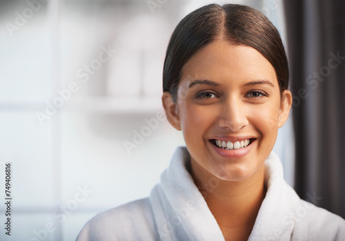 Salon  portrait and woman with smile in robe for skincare  beauty or luxury massage at spa. Happy  wellness and face with happiness at hotel for self care  treatment or cosmetic service on mockup