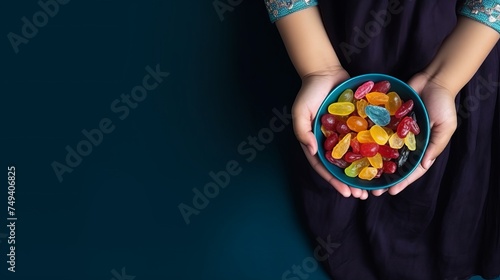 Holding bowl of candies,  top view image of woman and child hand holding bowl of candies. Isolated dark blue background, copy space. Ramadan feast celebration concept idea. Greetings banner photo