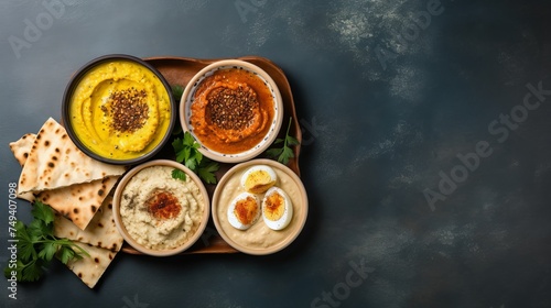 Middle eastern, arabic traditional breakfast with hummus, foul, white cheese and zaatar. Top view with copy space