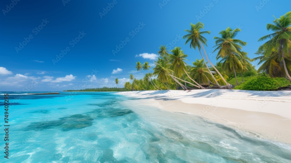 Beautiful tropical beach with palm trees and serene lagoon perfect for relaxation and vacation