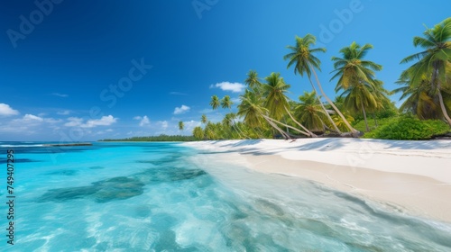 Beautiful tropical beach with palm trees and serene lagoon perfect for relaxation and vacation