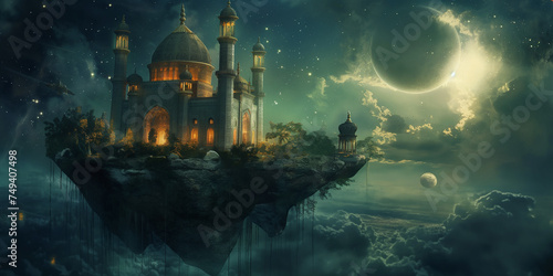 Mosque on the edge of rock cliff in universe with surrealism style illustration  photo
