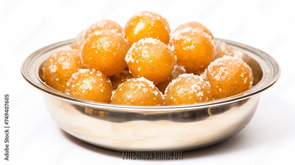 Pedha - a traditional indian sweet in a silver bowl. isolated image Pedha - a traditional indian sweet in a silver bowl. isolated image