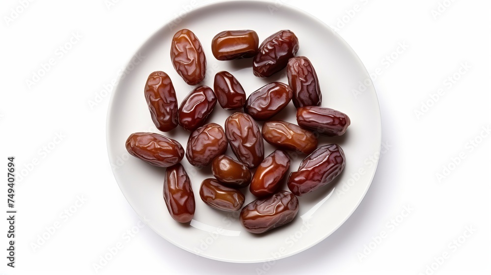 Plate of pitted dates isolated on white background. Top view Plate of pitted dates isolated on white background. Top view