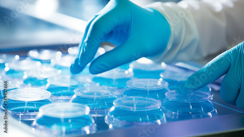 Close-up of the hands of a scientist in blue gloves in a laboratory, working on petri dishes