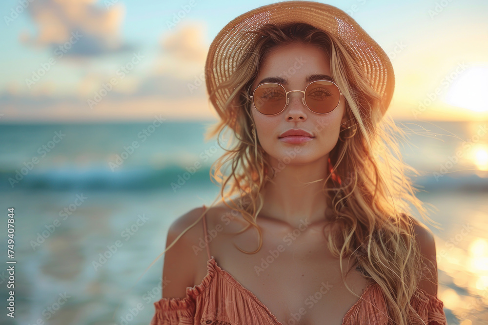 Woman and fashion style at tropical beach background. Generative ai.. Woman and fashion style at tropical beach background. Generative ai..