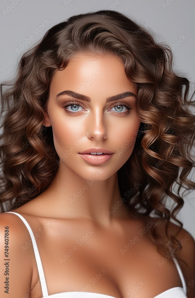 portrait of a model girl with smooth, curly hair, hair care, presentation of hair products portrait of a model girl with smooth, curly hair, hair care, presentation of hair products