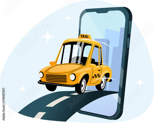 Online taxi ordering concept, a yellow colored cab car pulls out from a smartphone