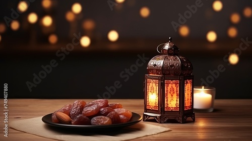 Ramadan concept. Dates close-up in the foreground. Ramadan Lanterns and a bowl of date on a wooden table. wall background. Space for text on the right. iftar concept image.Ramadan kareem 3d image.