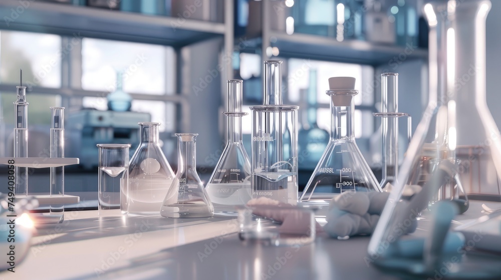 Visuals illustrating chemistry lab equipment such as beakers, flasks