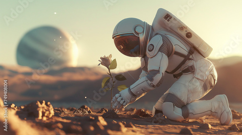 Astronauta raccoglie una rosa nel deserto di un pianeta lontano. photo