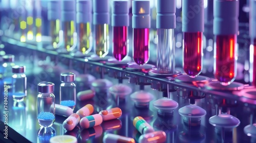 Visuals illustrating pharmaceutical lab processes such as drug synthesis, formulation development, pharmacokinetic studies, and quality control testing photo