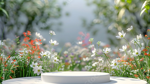 Podium flower product white 3d spring table beauty stand display nature white. Garden floral background cosmetic field scene gift day #749408449