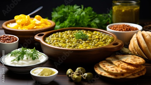 Traditional Ramadan Dinner Iftar Table with Traditional Turkish Green Lentil Soup in yellow bowl on white table with other foods