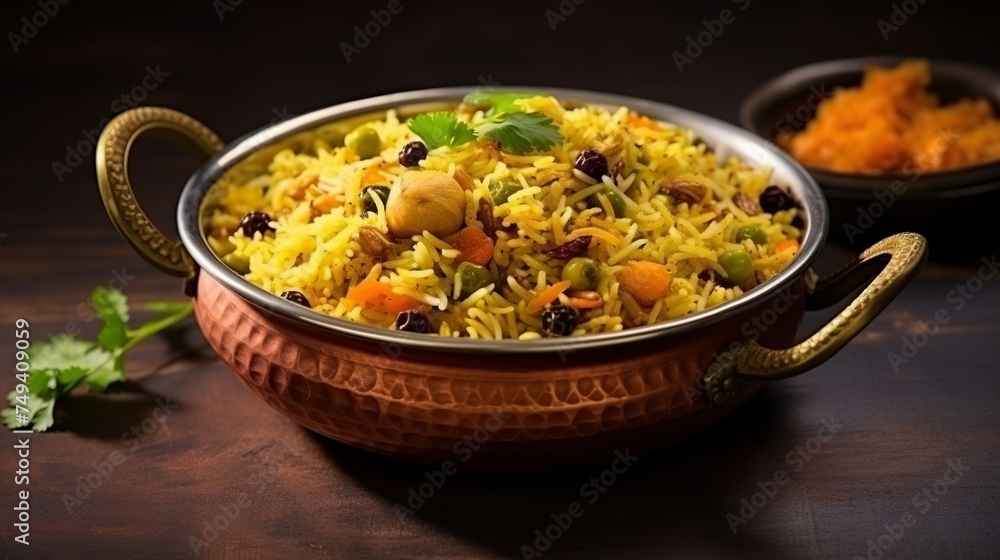 Veg biryani or pulav served in a round brass bowl, selective focus Veg biryani or pulav served in a round brass bowl, selective focus