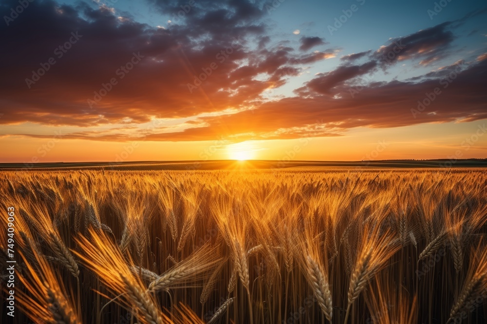 Beautiful sunrise landscape scenery over a majestic wheat field on a peaceful morning
