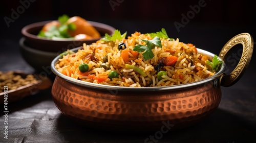 Veg biryani or pulav served in a round brass bowl, selective focus