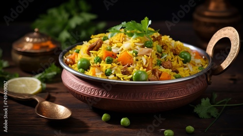 Veg biryani or pulav served in a round brass bowl, selective focus