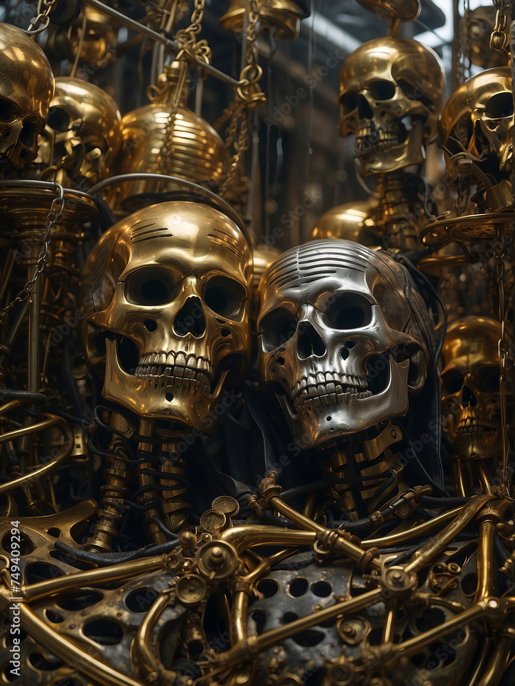 Two highly detailed metallic skulls surrounded by numerous other metallic objects, creating a dark and eerie atmosphere Two highly detailed metallic skulls surrounded by numerous other metallic objects, creating a dark and eerie atmosphere