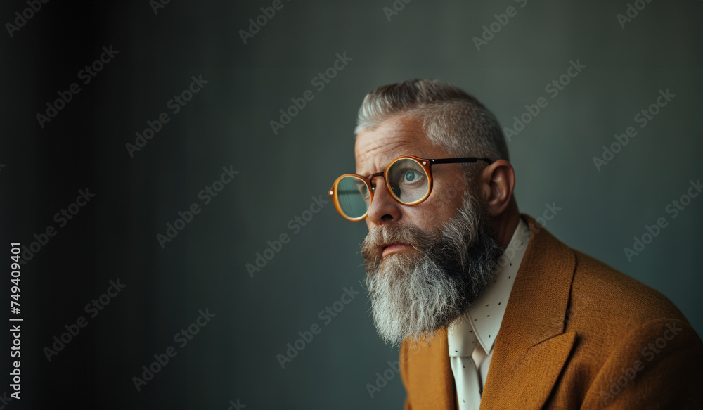 Fototapeta premium unique and original 45-year-old journalist with distinctive wooden glasses and a quirky beard in a modern suit. vibrant and diverse nature of journalism, individuality and creativity in professional
