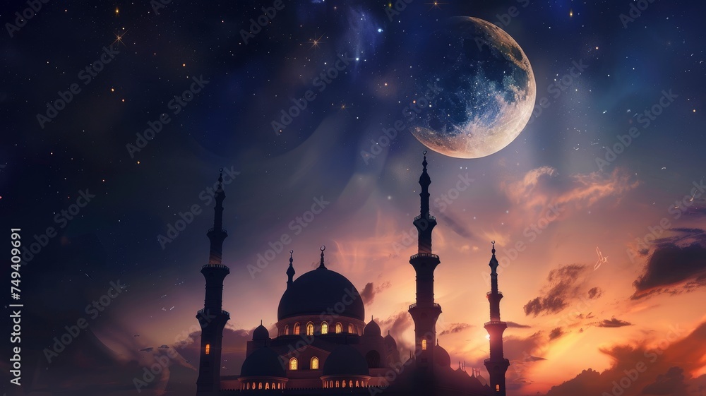 Ramadan Kareem background.Crescent moon at a top of a mosque, realistic, copy space - generative ai