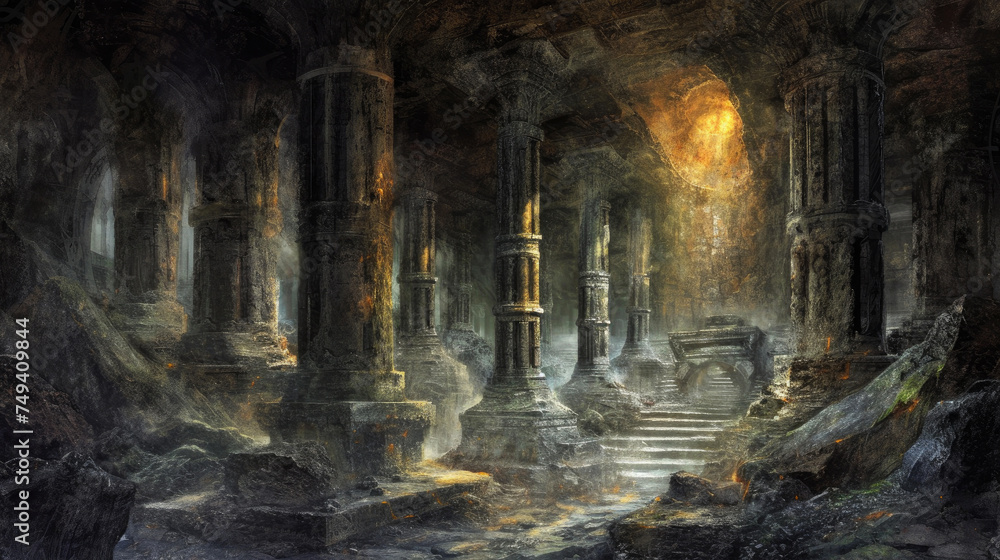 Mystical Relic: Digital Painting of Dark Underground Temple Ruins