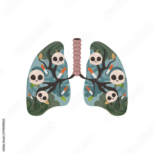 smoker's lungs, no tobacco day, giving up bad habits . lungs with green and with cigarette skulls