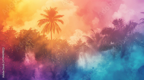 Tropical, sunset, palm trees, beach, vibrant colors, pink sky