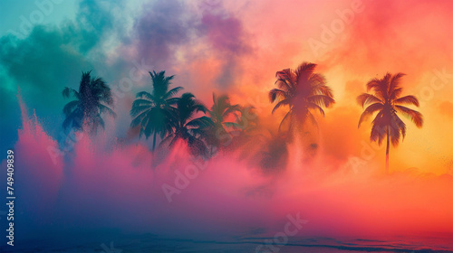 Tropical, sunset, palm trees, beach, vibrant colors, pink sky © Baechi Stock