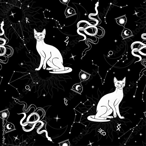 Seamless horoscope pattern with white cats, stars, snakes and constellations. Esotericism and magic.