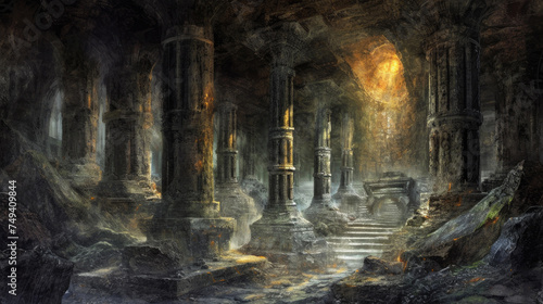 Mystical Relic: Digital Painting of Dark Underground Temple Ruins