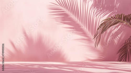 Palm leaf shadows on pink wall, Background for product advertisement, Summer tropical travel beach with minimal concept, Banner with copy space, generative ai