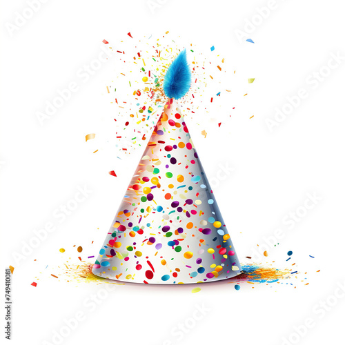 Colorful birthday hat with confetti and flakes, colorful party hat surrounded by an explosion of confetti