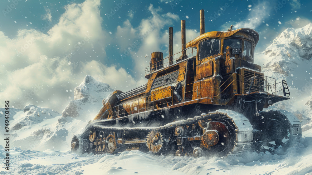 Glacial Giants: Dieselpunk Mining Machine Amidst Snowy Terrain Glacial Giants: Dieselpunk Mining Machine Amidst Snowy Terrain